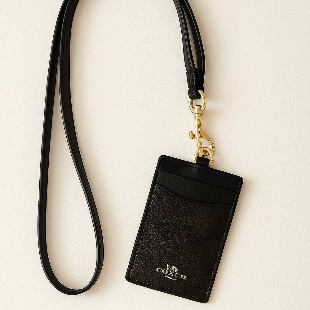 NWOT - Coach Black Leather Lanyard ID Holder with Gold Hardware